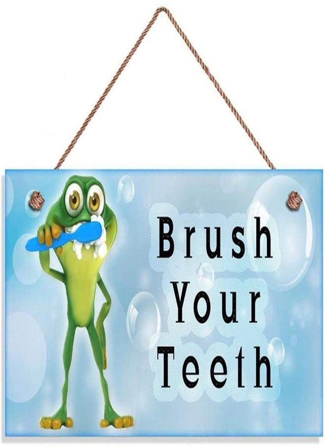 WEIMEILD Brush Your Teeth Wood Sign, Kids Bathroom Reminder Sign, Wall Plaque, Frog Brushing Teeth, Bubbles 12x6inches(hjd169)
